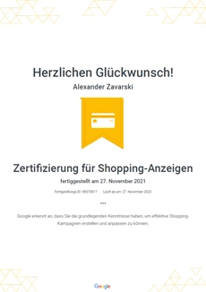 Zertifizierung Google Shopping Anzeigen 2021